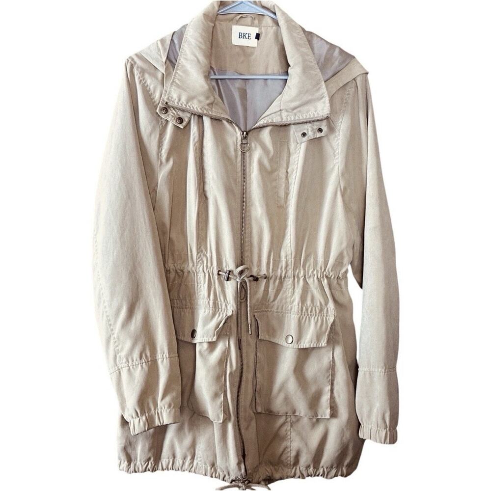 BKE Beige Utility Jacket Hooded Cinch Waist Lightweight Safari Coat Women XL - Picture 2 of 7